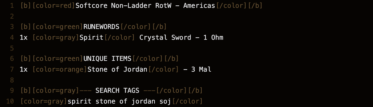 The d2jsp BBCode preview for two selected items, Spirit under a Runewords heading and Stone of Jordan under Unique Items, each with its asking price