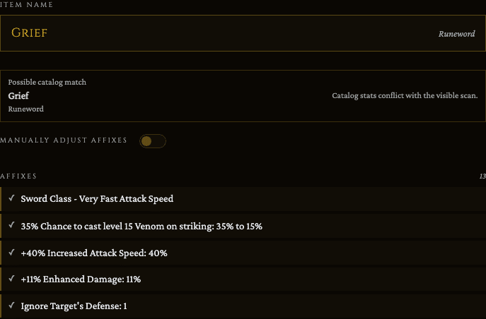 The top of the Add Item review screen: the item name, a Possible catalog match card for Grief noting a catalog conflict, the Manually adjust affixes toggle, and the first several affixes