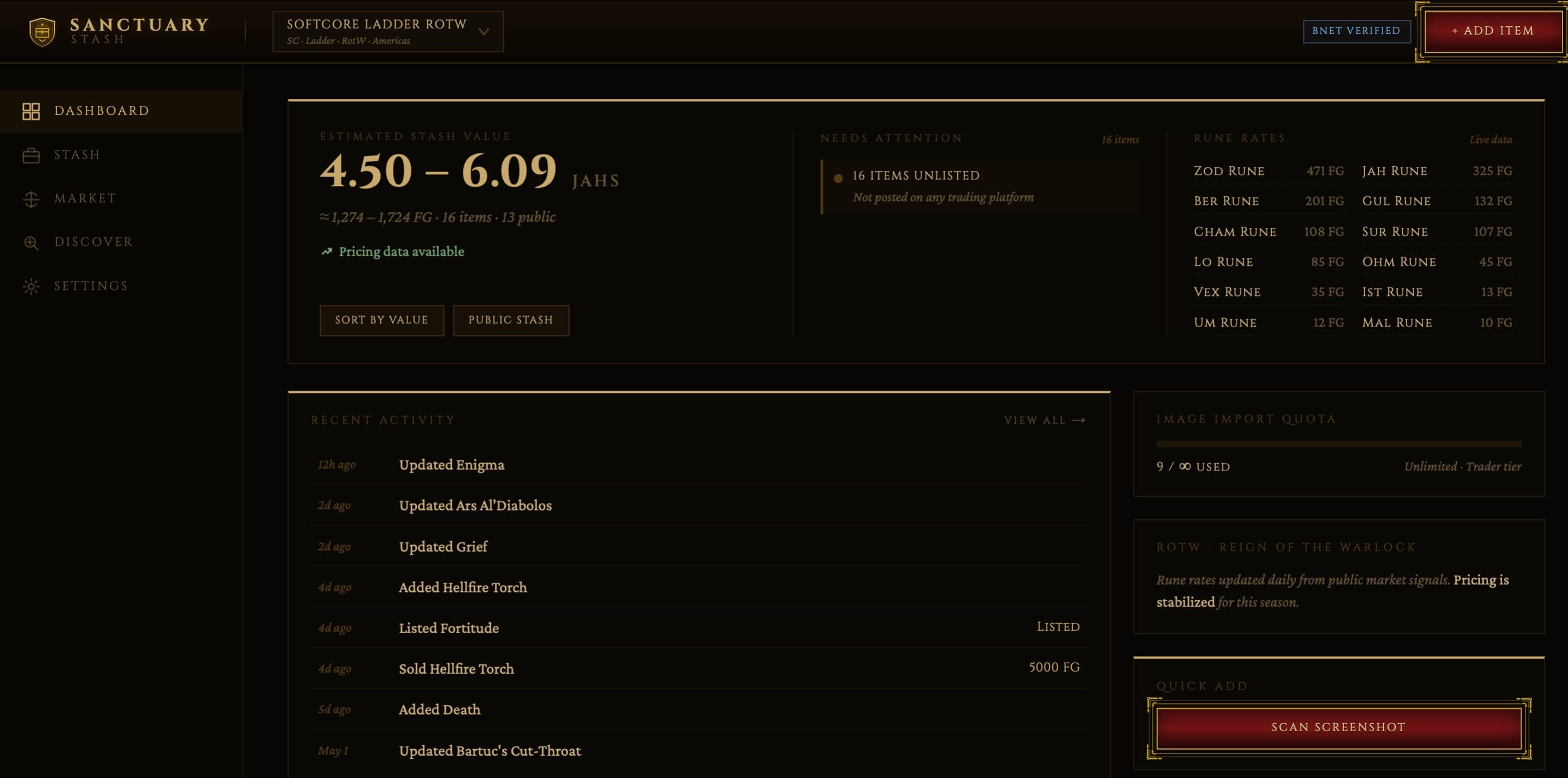 Sanctuary Stash dashboard showing stash value, rune rates, and recent activity