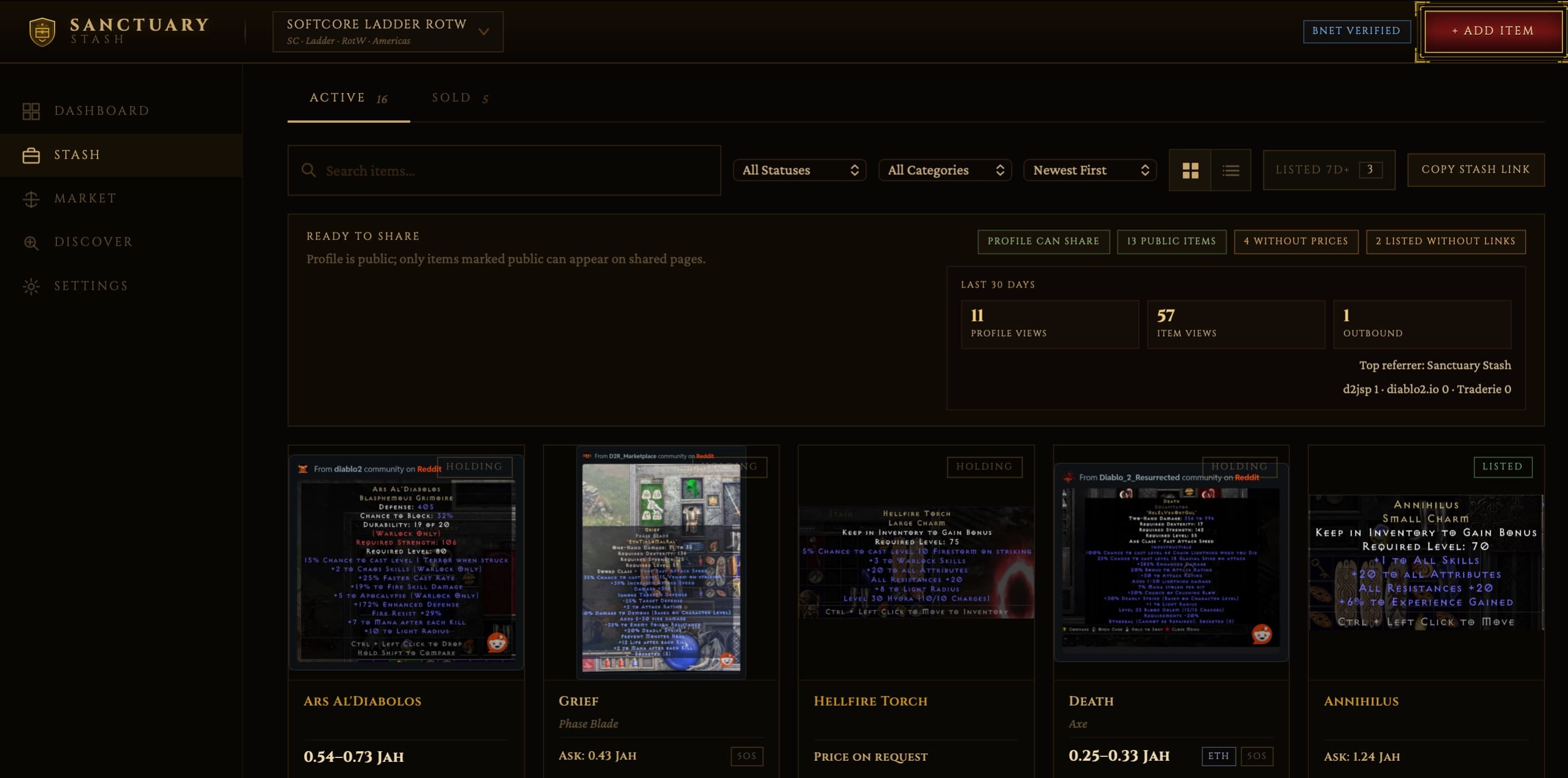 Sanctuary Stash stash grid showing item cards with prices and status badges
